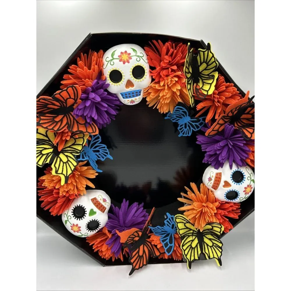 Spooky Village Day Of The‎ Dead Colorful Wreath NEW